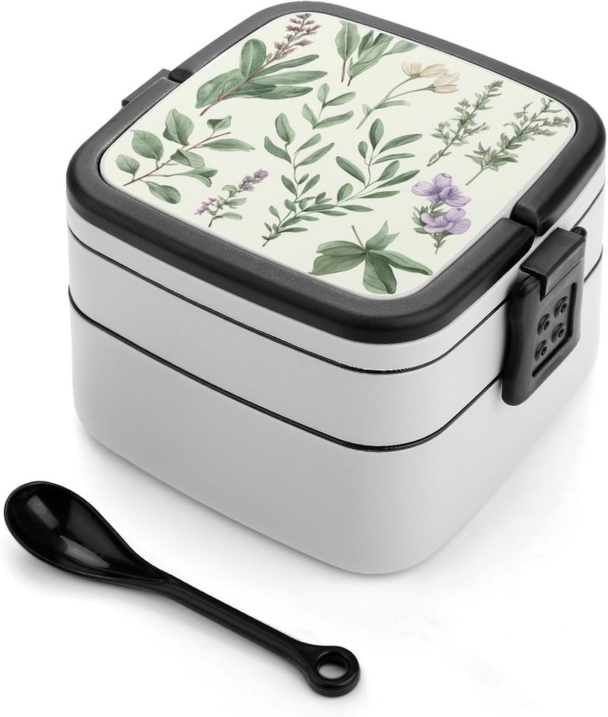 Bento Box Stackable 2 Layers Containers Adult Lunch Box Green Flower Herb Sage Leaves Lunchbox for Women Men All-in-One Meal Prep Containers Leakproof Lunch Containers for Work