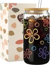 Cute Glass Cups with Lids and Straws - Flowers and Bubbles Iced Coffee Cup for Adults, Unique Gifts for Women Men, Funny Unique Decor Party Birthday Decorations, 16 oz