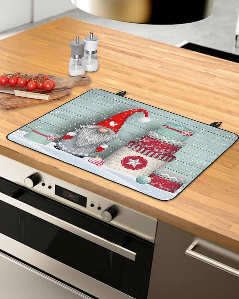 Christmas Countertop Burners Protection Mats for Kitchen, Gnome Pine Fruit Green Wood Rubber Stove Top Cover Mat, Heat Proof Mats Cooktop Cover for Counter Dish Drying Mat, 28.5"x20.5"