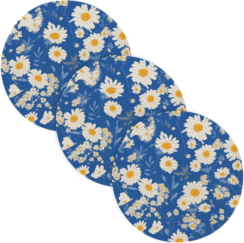 3 Pcs Hot Pad Trivet for Crock Pot 15in Dish Holder Kitchen Aid Porta platos para mesa Blue and White Lovely Daisy