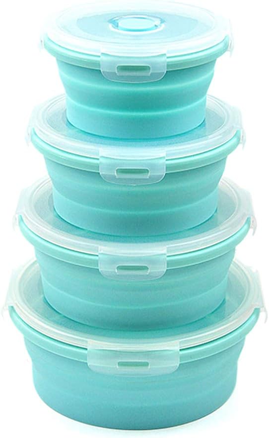 URBEST Collapsible Bowls, Silicone Food Storage Containers with Lids for Camping, Set of 4 Round Silicone Lunch Containers, Microwave and Freezer Safe (Pink, 4) (Blue)