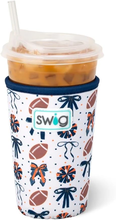 Swig Life Medium Iced Cup Coolie, Standard 22oz Iced Coffee Cup Insulator Sleeve with Handle, Neoprene Insulated Coolie Keeps Drinks Cold (We've Got Spirit Navy + Orange)
