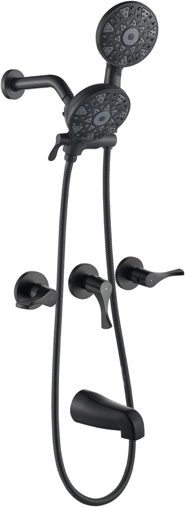 3 Handle Shower Faucet Set with Tub Spout Bathtub Shower Faucet Combo Set Shower System Complete Tub and Shower Trim Kit Matte Black Wall Mounted Shower Fixtures