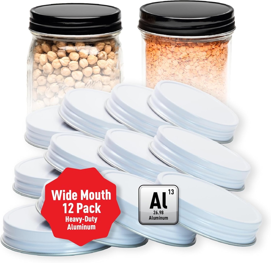 AllSpice Rust-Proof Wide Mouth Aluminum Metal Mason Jar Lids Leak-Proof 12-Pack (White)