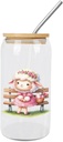 Glass Cups with Bamboo Lids And Straw 16 Oz, Lovely Pink Easter Lamb Iced Tea Glasses Drinking Glasses Set Tumbler Glass Can Coffee Cups, Drinking Glassware