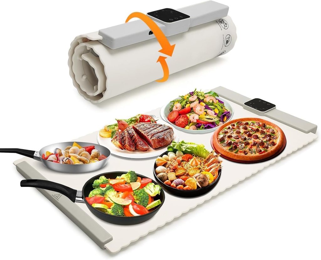 Electric Warming Tray - Foldable Food Warming Mat with 5 Temp Setting, Full-Surface Heat in 5s, 4 Hours Auto-Off, Easy to Clean with Nano-Material, for Buffet, for Party, for Thawing (L)