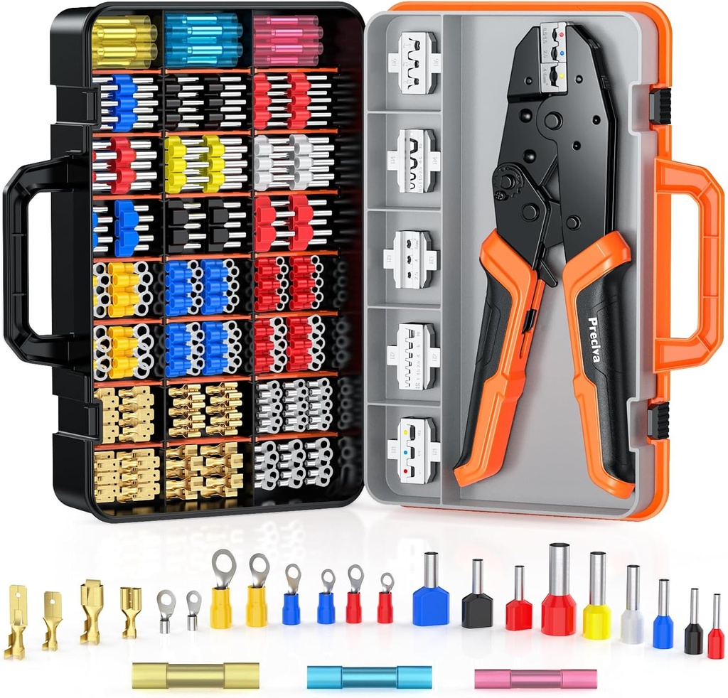 Preciva 6 PCS Crimping Tool Set with 395 PCS Connectors, Ratcheting Wire Crimper Tool for Heat Shrink,Insulated Connectors,Open Barrel,Circlip Terminals,Tube Terminals,Solar Connectors