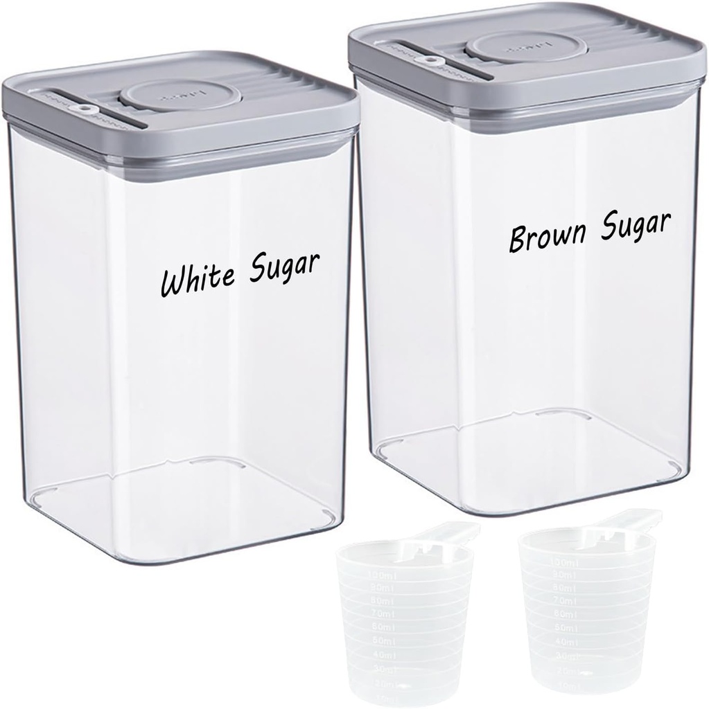 Airtight Brown Sugar Keeper & White Sugar Container, 80Oz/2.4Qt Stackable Clear Pop Lid Containers for Sugar Flour Rice, One-Touch Opening