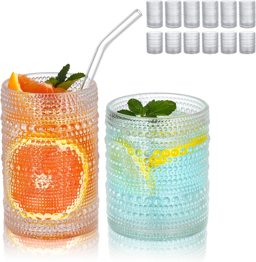 Hobnail Drinking Glasses Set of 12, 12oz & 15oz Vintage Glassware Set Cocktail Glass Set, Embossed Clear Water Tumbler,for Beer, Whiskey,Juice and Various Mixed Drinks (12 Pack-Clear)