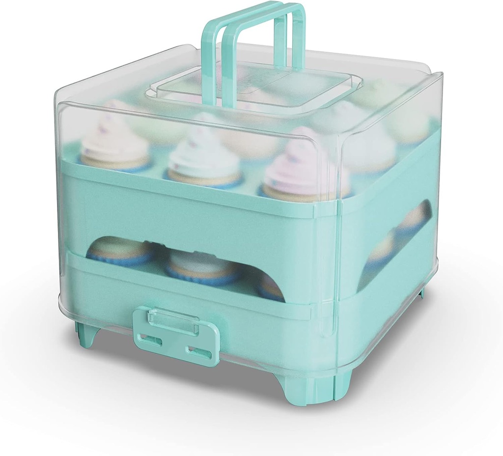 Cupcake Crrrier, Cupcake Holder with lid and Handle, 2-layer Portable Cupcake Containers Fits 18 cupcakes for Transports Display Cakes, Desserts (blue)
