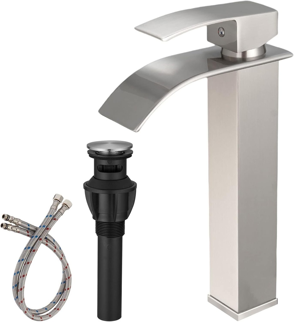Waterfall Bathroom Faucet Brushed Nickel Stainless Steel Vessel Sink Faucet Tall Single Handle One Hole Deck Mount Bowl Vanity Sink Faucet with Pop-up Drain Stopper