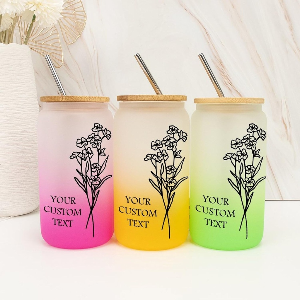Glass Iced Coffee Cup Bamboo Covered 16 Oz Birth Flower Iced Coffee Mug with Name Cute Custom Anniversary Women Gifts Frosted Glass Cups for Tea Appreciation Gifts Sister Coffee Lover Gifts