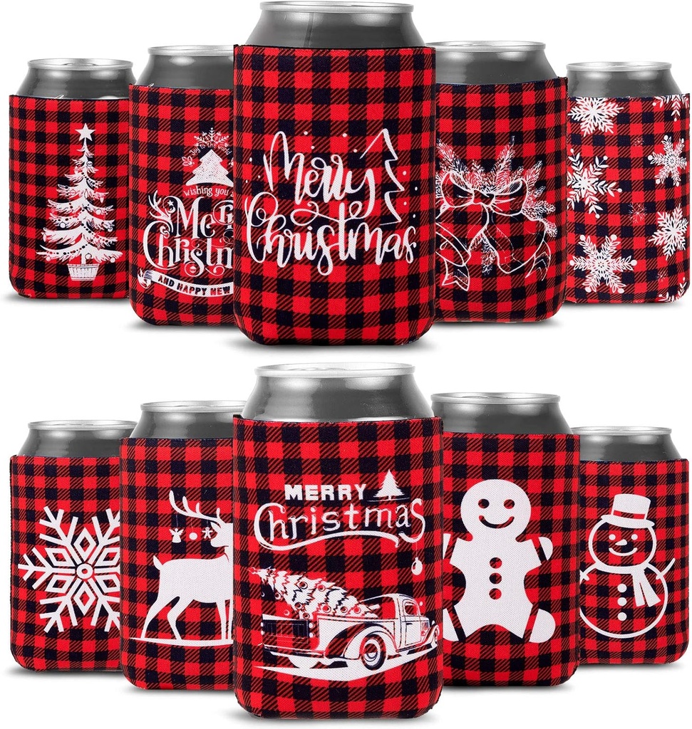 Whaline 12pcs Christmas Beer Can Coolers Sleeves Red Black Plaid Can Sleeves Can Covers for Beverages, Bottle, Drink Christmas Party Decorations Supplies, Gingerbread Xmas Tree Snowflake