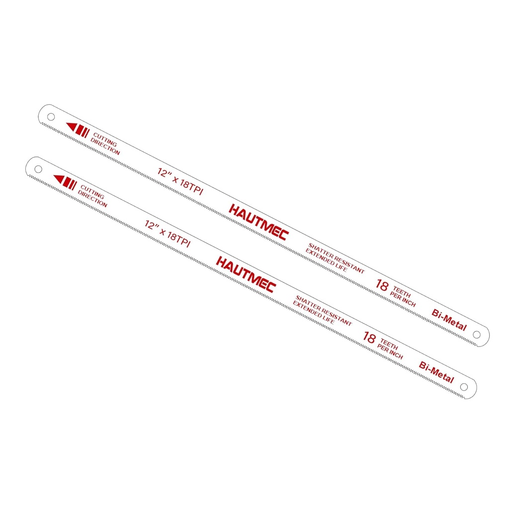 HAUTMEC 12" Hacksaw Blades 18 TPI – 2 Pack Bi-Metal Replacement Blades with High-Speed Steel Teeth and Spring Steel Body, Professional Grade, Fits Most Hacksaw Frames, HT0016-2PC