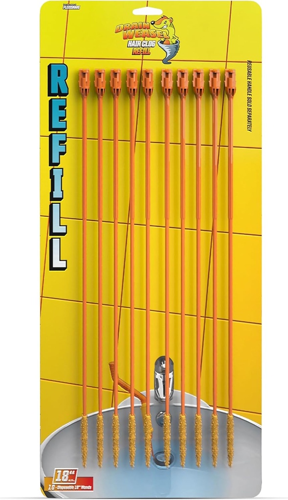 FlexiSnake Drain Weasel Refill - Sink Snake Hair Clog Remover Tool, Sink, Pipe, Bathroom, Bathtub Drain Cleaner, 18-inch Long Flexible Disposable Wands, Made in The USA, 10 Pack