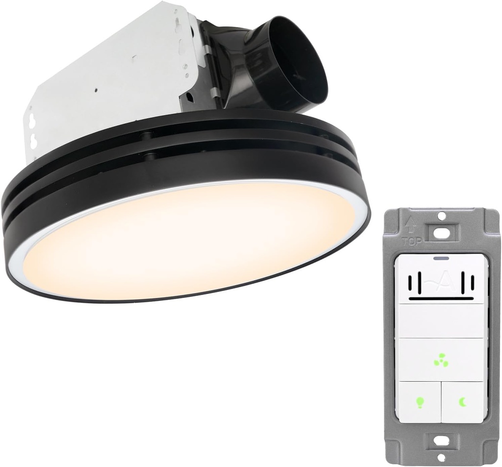 Akicon Bathroom Exhaust Fan with Light, 110CFM, 2.0 Sones Bath Fan and Humidity Sensor Switch Combo, 1000lm Dimmable LED Light and 150lm Nightlight Bathroom Ventilation Fan for Home, Round, Black