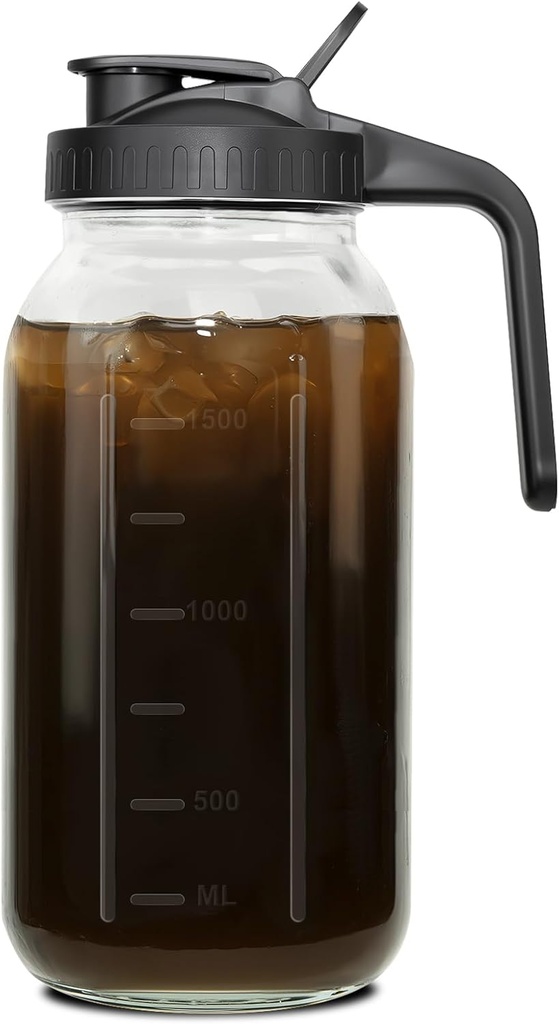 64 oz Glass Pitcher with Lid - 2 Quart Mason Jar Pitcher with Lid, Wide Mouth Airtight & Leakproof Glass Jar for Iced Tea, Juice, Breastmilk, Cold Brew, Sun Tea and Drinks