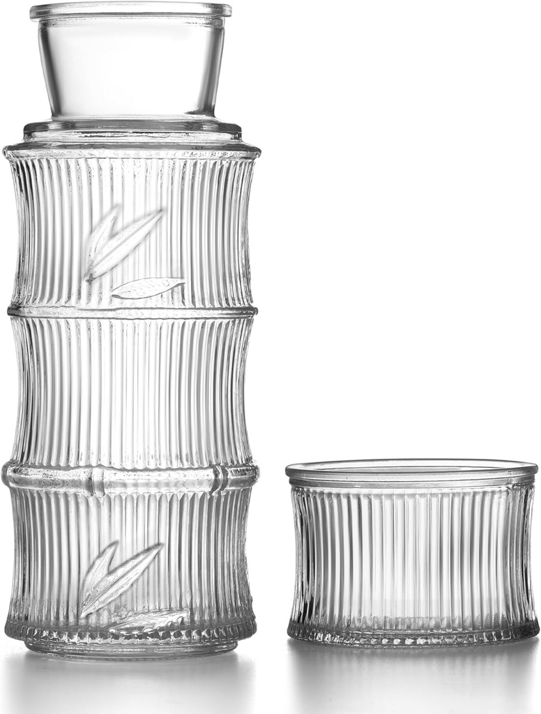 Bedside Water Carafe and Glass Set, Mouthwash Dispenser for Bathroom, 27 Oz Glass Water Bottles with 7 Oz Drinking Cup as Lid, Pitcher for Nightstand, Kitchen, Bamboo Knot Design (Clear)