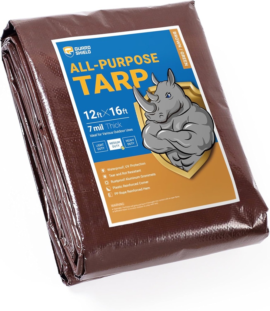 GUARD SHIELD Brown/Green Tarp 12x16 Feet Medium Duty Outdoor Waterproof Multi Purpose Poly Tarps Cover 7mil