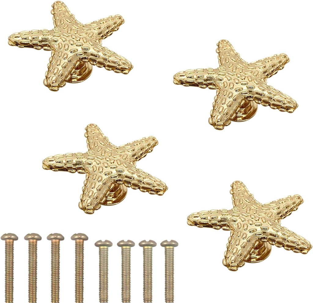 4pcs Starfish Handles - Right Angle Kitchen Cabinet Drawer Knobs (Gold)