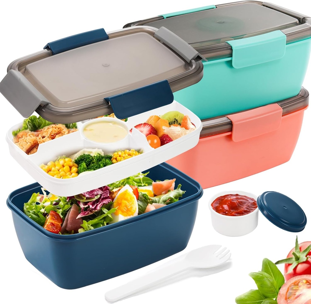 Youeon 3 Pcs 68 Oz Salad Lunch Container with 4 Compartment Tray, Bento Lunch Box with Spoon & Dressing Cup, Leakproof Salad Container for Lunch, Toppings, Snacks, Fruits, BPA-Free