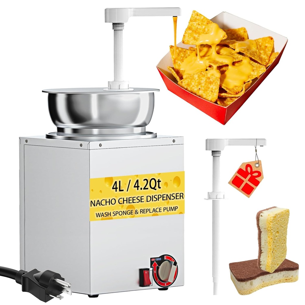 Cheese Warmer Dispenser with Pump,Nacho Cheese Warmer with 4L/4.21 Qt Capacity,Electric Hot Fudge Dispenser 650W,86-194 F Temp Adjustable Stainless Steel Hot Cheese Dispenser