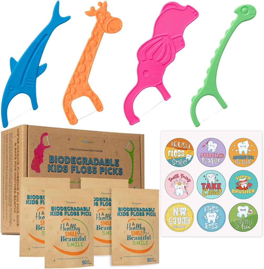 Biodegradable Kids Flossers -200 Pack, Natural Kids Floss Picks, Fluoride Free, Biodegradable Floss Pick, Organic Animal Dental Floss Picks, Dental Floss Sticks - 4 Fun Animal Designs