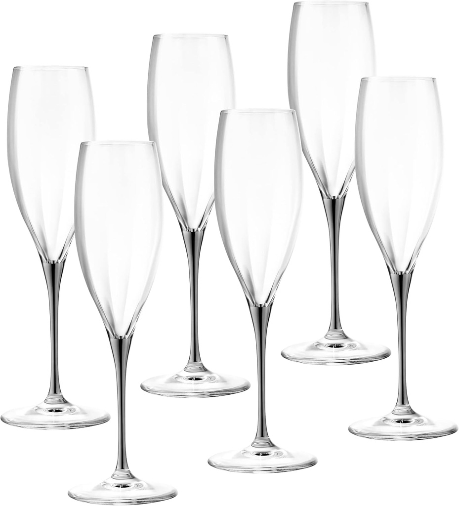 Barski Toasting Flute Glass - Champagne - Flutes - Set of 6 Crystal Glasses - Wedding Toasting Flutes - Platinum Stem - 11 oz Made in Europe
