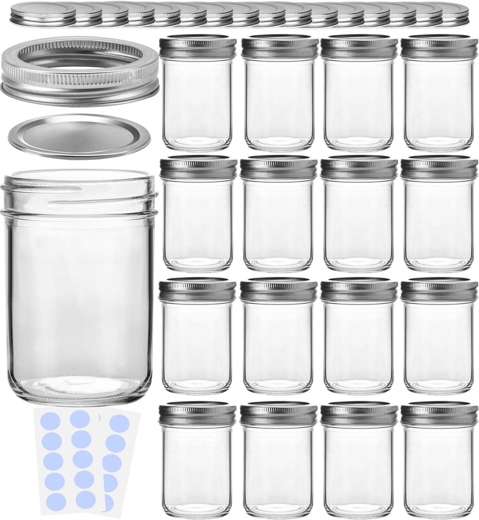 KAMOTA Mason Jars, 8 oz Glass Jars With Regular Lids and Bands, Ideal for Jam, Honey, Wedding Favors, Shower Favors,DIY Spice Jars, 16 Pack, Extra 16 Lids & 20 Whiteboard Labels