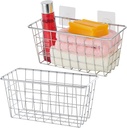 2 Pack Hanging Storage Basket, Bathroom Basket, Household Goods, with Traceless Tape, no Drilling, for Cabinet Storage, Kitchen, Bathroom, Storage Room,Chrome