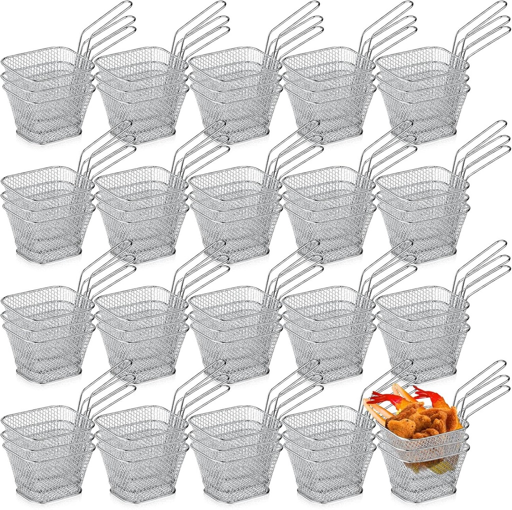 Maxdot 60 Pcs Mini Square Fry Basket with Handle Chrome French Fries Holder Chip Food Presentation Baskets Net Potato Cooking Tool for Table Serving Oil Residue Filtration
