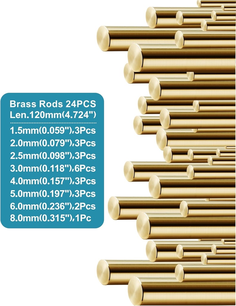 Brass Rods 1.5, 2, 2.5, 3, 4, 5, 6, 8mm, L=120mm 24 Pcs Assortment for Knife Making Knife Handles Pins Stock Knife Scale Solid Round Dowel Rivet Gunsmithing Crafts Modeling Hobby Varied Dia.