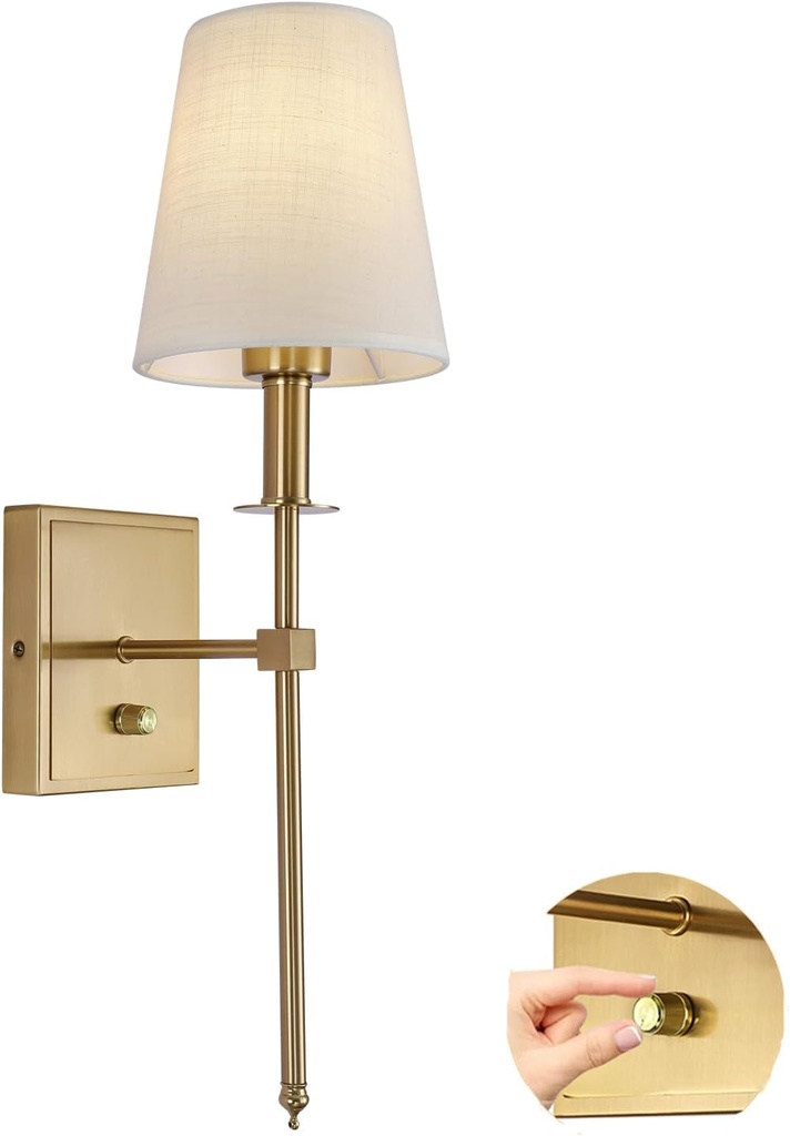 Gold Wall Sconce Lighting Modern Wall Sconce, Modern Bathroom Vanity Light Fixture Dimmable with On Off Dimmer Switch Linen Fabric Shade for Living Room Hallway Bedroom