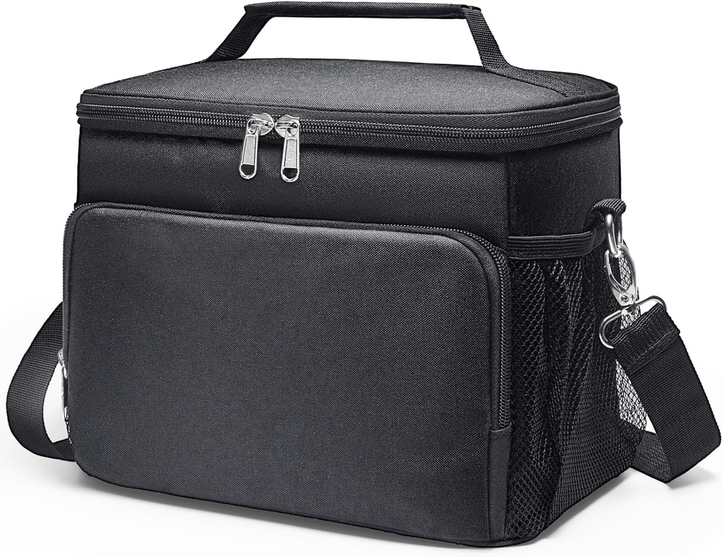 Insulated Lunch Box for Men & Women - Soft Leakproof Lunch Bag with 4 Pockets and Adjustable Strap for Work, Beach, Picnic, Camping, Travel - Black, 15L