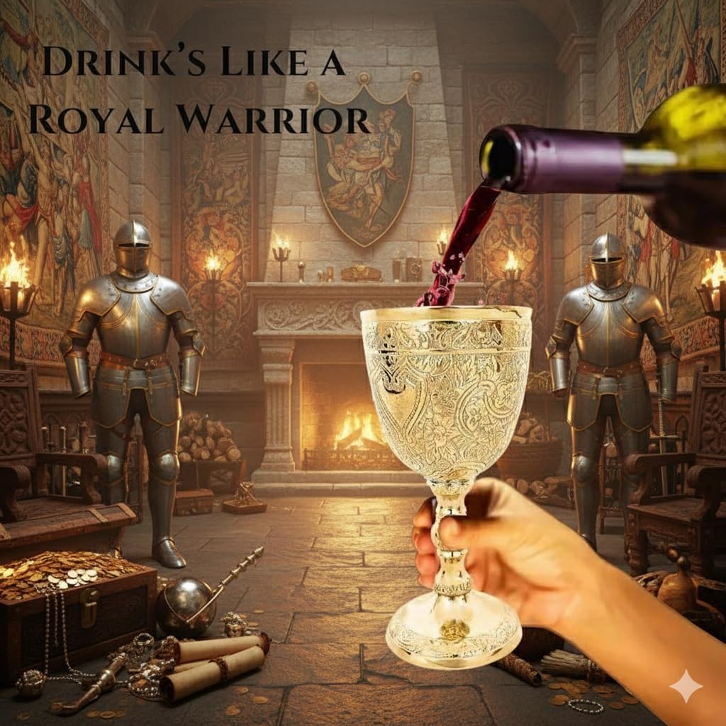 Vintage Chalice Medieval Brass Wine Goblet, 1 Piece Decorative Wine Glass Communion Cup with Royal Embossed Design, Perfect Ideal for Gifting, Home Décor, and Ceremonial Use (Without Velvet Box)