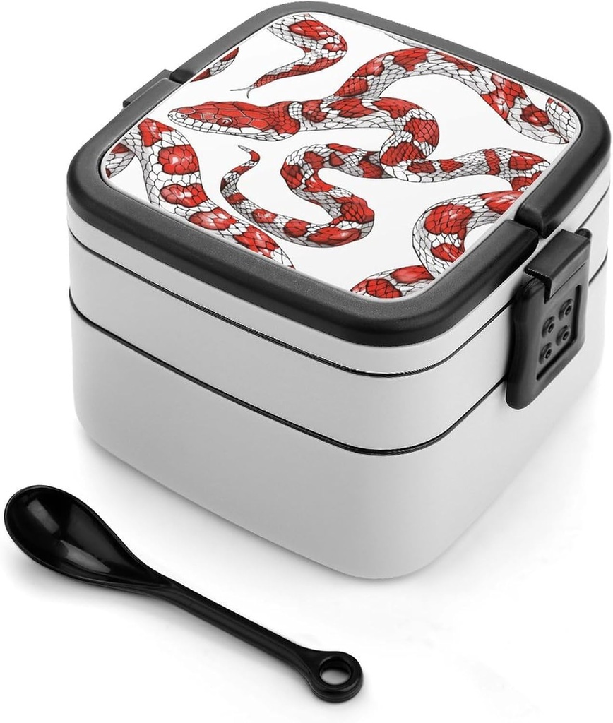 Red And White Snake Bento Box Double-Layer Bento Lunch Container with Spoon And Invisible Handle Adult Leak-Proof Lunchbox for Dining Out Work Picnics Travel