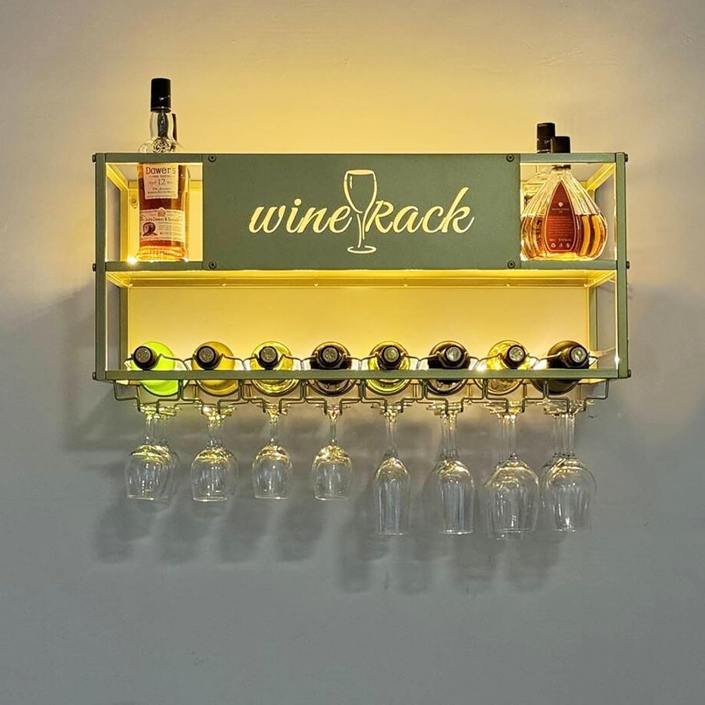 Wine Rack Wall Mounted with LED Light,with Hanging Wine Glass Holder,Metal Floating Shelves,Liquor Bottle Display Shelf,Large Capacity Storage Racks for Bar Wine Cellar Kitchen Decor,Black/G
