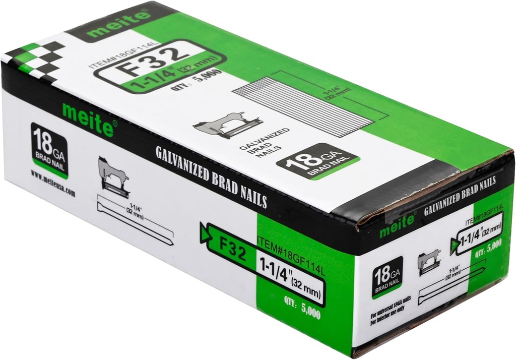 meite 18 Gauge Brad Nails, 1-1/4-Inch 18GA Brad Nails, Galvanized Nail Gun Nails for Pneumatic, Electric Brad Nailer Gun (5,000 Counts)