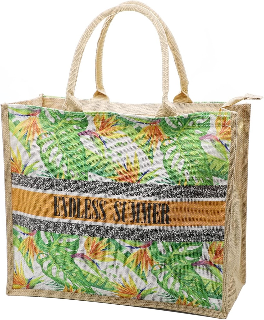 JNF Straw Beach Bag Jute Beach Tote Bags for Women Burlap Tote Bag with Zipper Reusable Grocery Shopping Bag with Handle