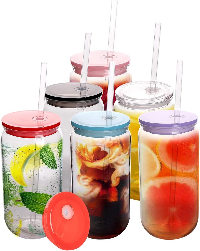 16oz Drinking Clear Cups with Chroma Lids, Clear Plastic Mason Jar Acrylic Cups, Shatterproof Drinking Jars for Smoothies, Cold Brew, Beer, Coffee, Milk Tea (6 Pack, Multicolor Lids)