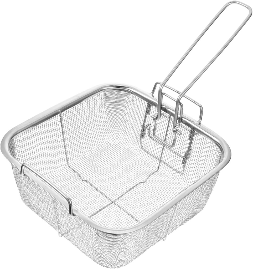 Cabilock Square Frying Basket with Foldable Handle, 8X8X4 Inch Stainless Steel Deep Fry Basket for Kitchen Use, Fryer French Fries and Food Strainer