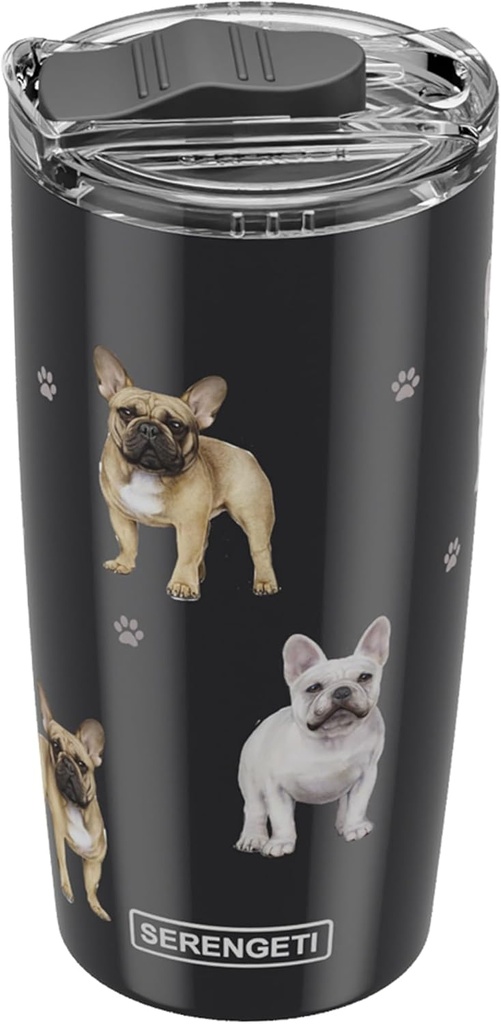 SERENGETI French Bulldog 20 Oz. Stainless Steel, Vacuum Insulated Tumbler with Spill Proof Lid - 3D Print - Insulated Travel mug for Hot or Cold Drinks (French Bulldog Tumbler)