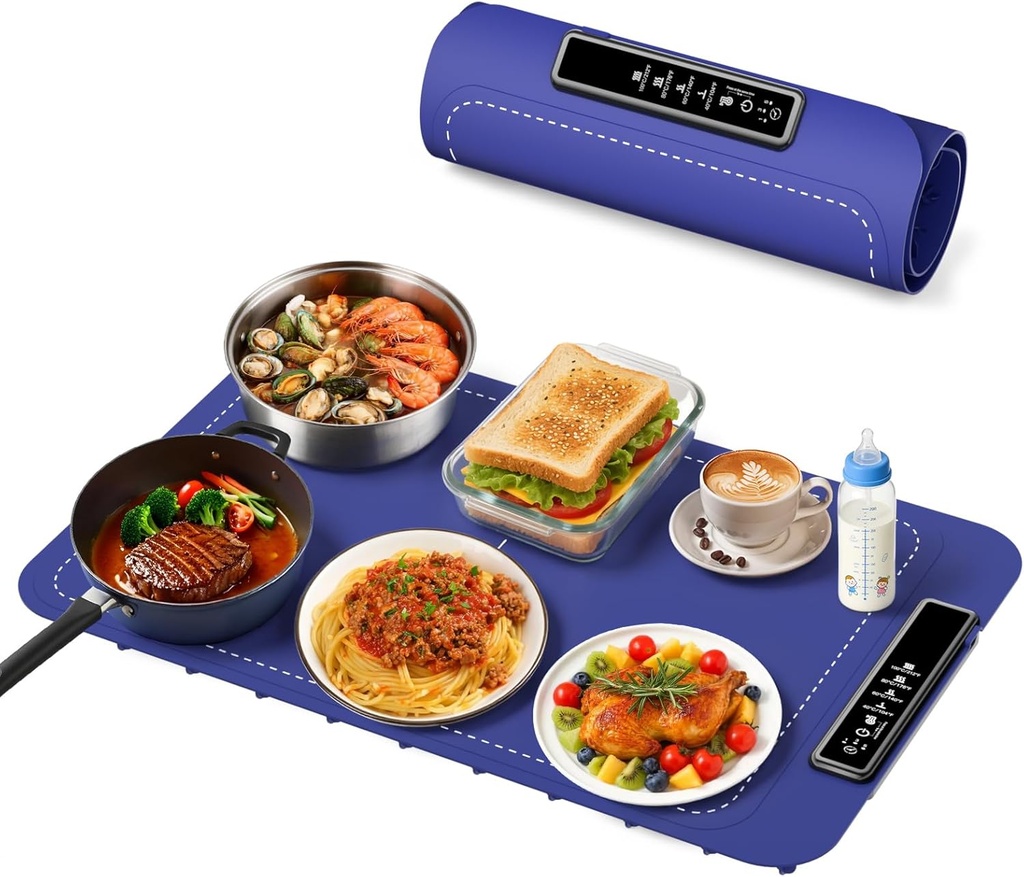 Food Warming Mat - New Upgraded Fast Heating Silicone Electric Warming Tray, Larger Touch Screen, Higher Feet, Roll Up Warming Mat for Food, Portable Food Warmer, Blue