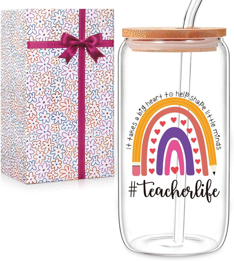 Pink 16 Oz Glass Can Tumbler with Lid and Straw - Teacher Appreciation Gifts