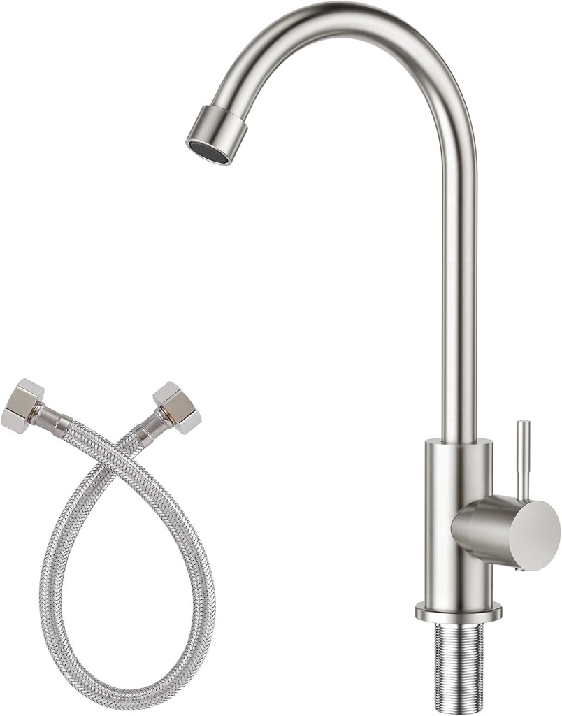 CREA Cold Water Only Faucet for Kitchen Bar Outdoor Sink 1 Hole High Arc 360°Swivle Single Handle Cold Water Tap Brushed Nickel Stailess Steel - 2.2" Extra Long Thread Rod