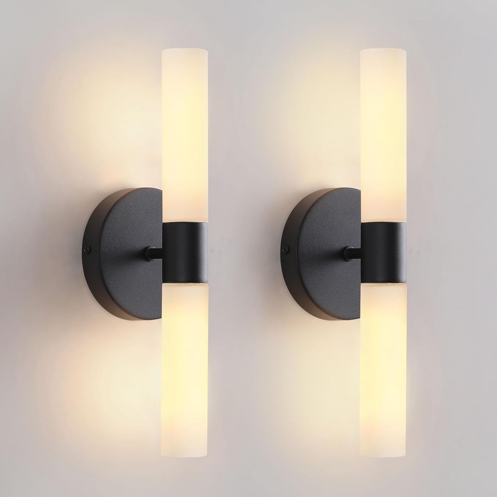 Wall Sconces Set of Two Matte Black Bathroom Wall Sconce Light Set of 2 Modern Wall Light Fixtures Metal Sconces Wall Lighting with White Glass Shade Wall Mounted Lamp for Living Room