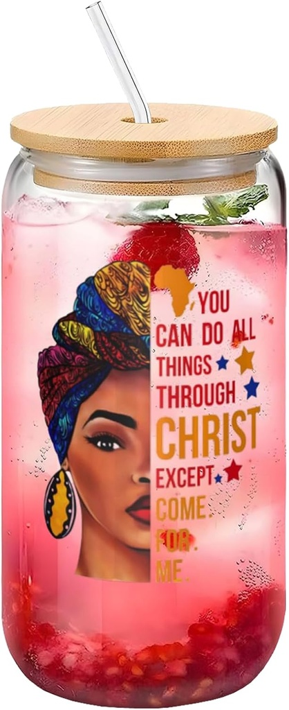 African American Woman with Quotes Black Girl Transparent Glass Cup 16 OZ —— Bamboo Lid & Straw, The Glassware Great for Occasion, Hot and Cold Drinks