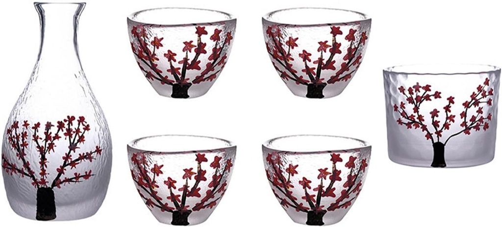 6-Piece Japanese Sake Set, Handmade Pink Cherry Blossom Design, 1 Bottle, jar and 4 Cups, Suitable for Party Favors
