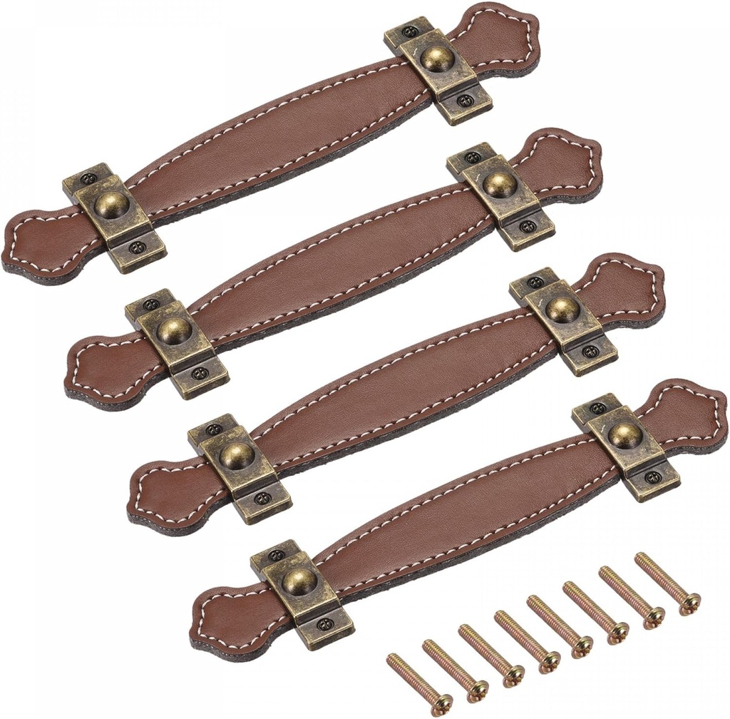 uxcell Leather Handle, 6.3" 4Pcs Surface Leather Furniture Handles, Door Handle Strap Suitcase Dresser Drawer Knobs Pulls Replacement, Brown