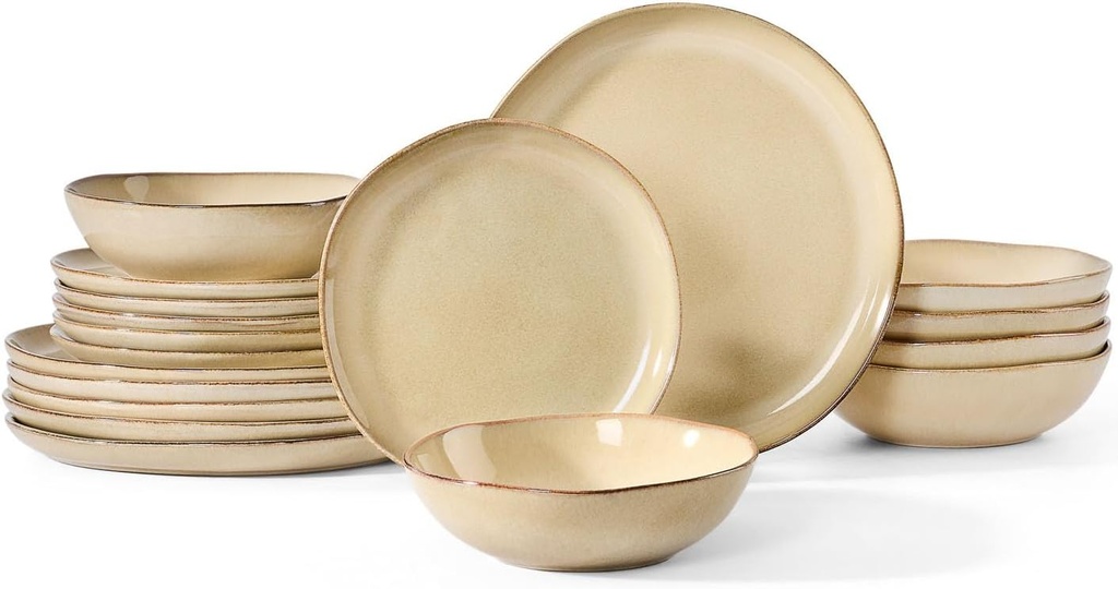Herogo Stoneware Dinnerware Sets for 6, 18pcs Irregular Handmade Dinner Dish Set, Plates and Bowls Dishware for Kitchen Dining, Microwave & Dishwasher Safe, Cream Khaki
